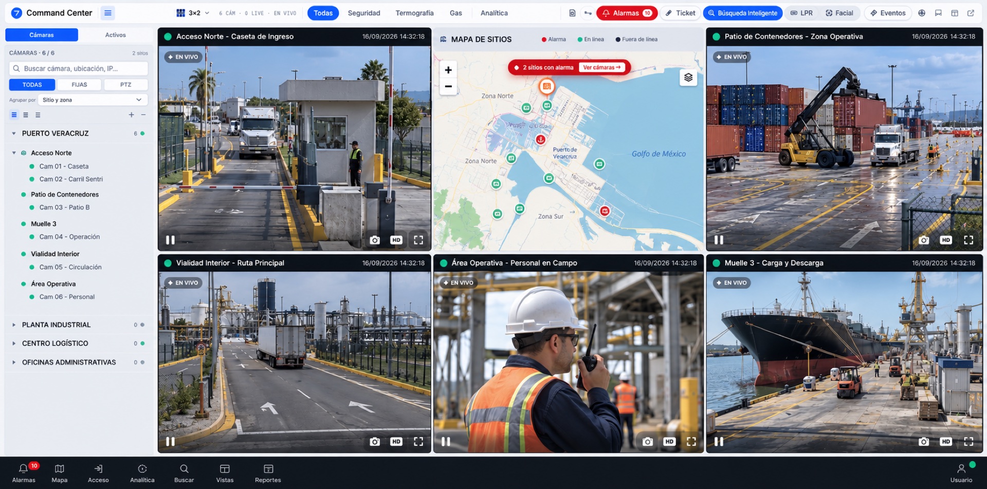 Command Center: six live cameras in a three-by-two grid, the site map with cameras in alarm, and the camera tree by site and zone on the left.