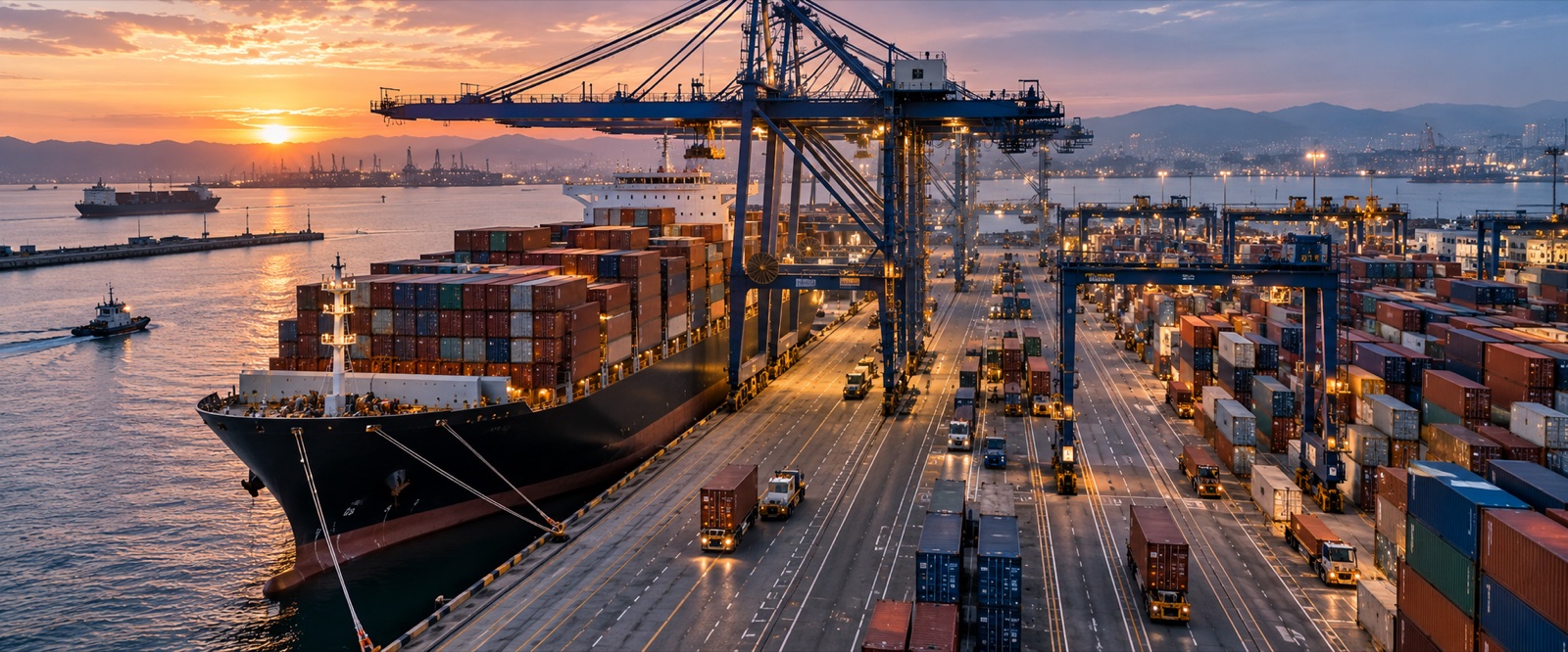 A container ship berthed under port cranes, with trucks moving beside the container stacks.