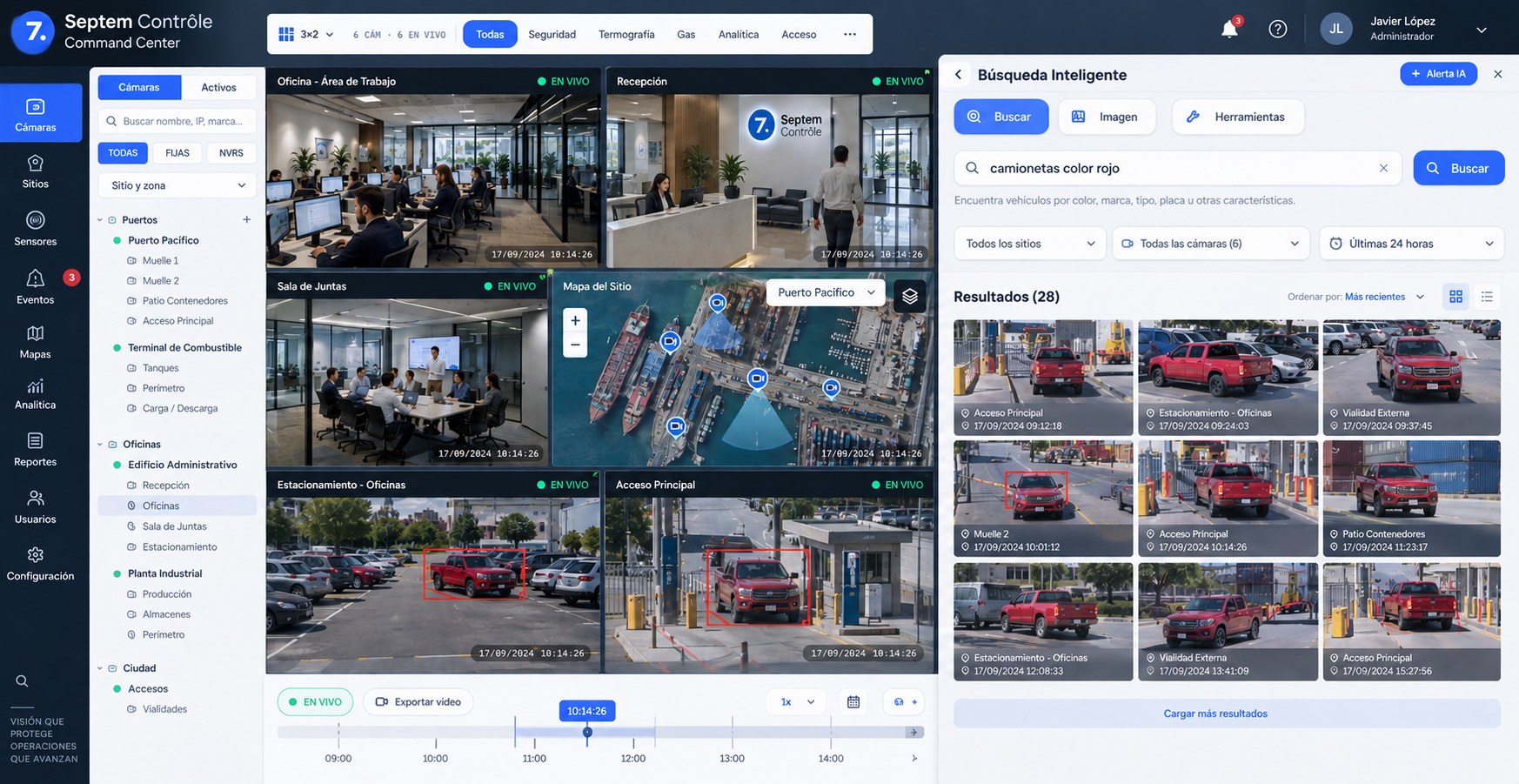 The smart search panel open beside the video wall. In the text field, "red pickup trucks"; below it, twenty-eight results as cards showing the camera and time of each, and on the wall two vehicles boxed in red.