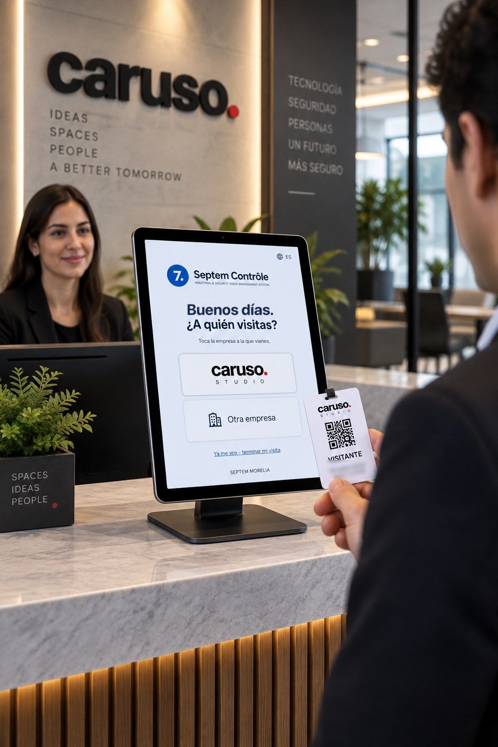 Visitor kiosk screen: the question «who are you visiting?» with the building's companies to pick with one tap.