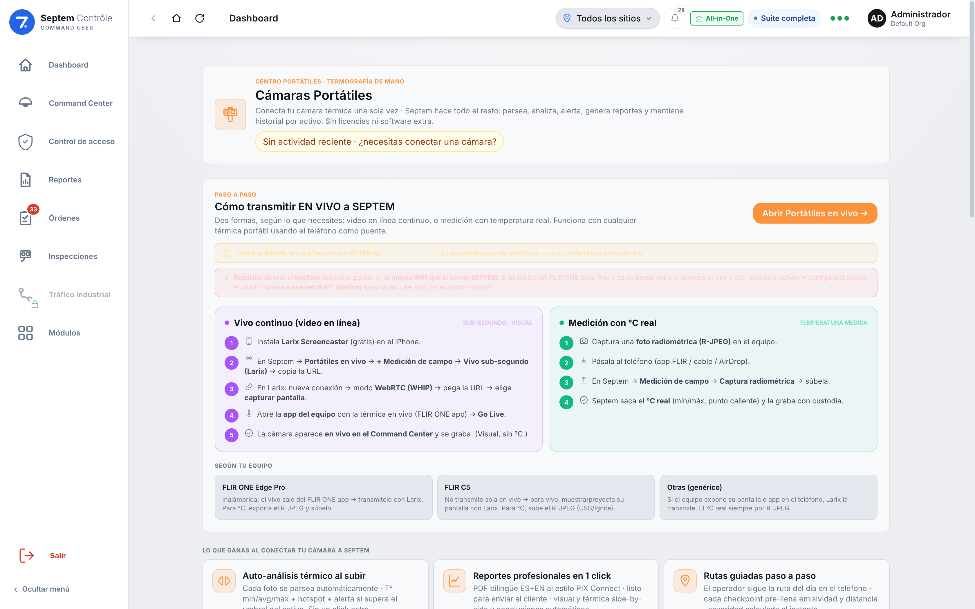 Tela de câmeras portáteis: o passo a passo para transmitir ao vivo de uma câmera térmica de mão, com os modelos compatíveis, a medição em graus reais e as rotas guiadas de inspeção.
