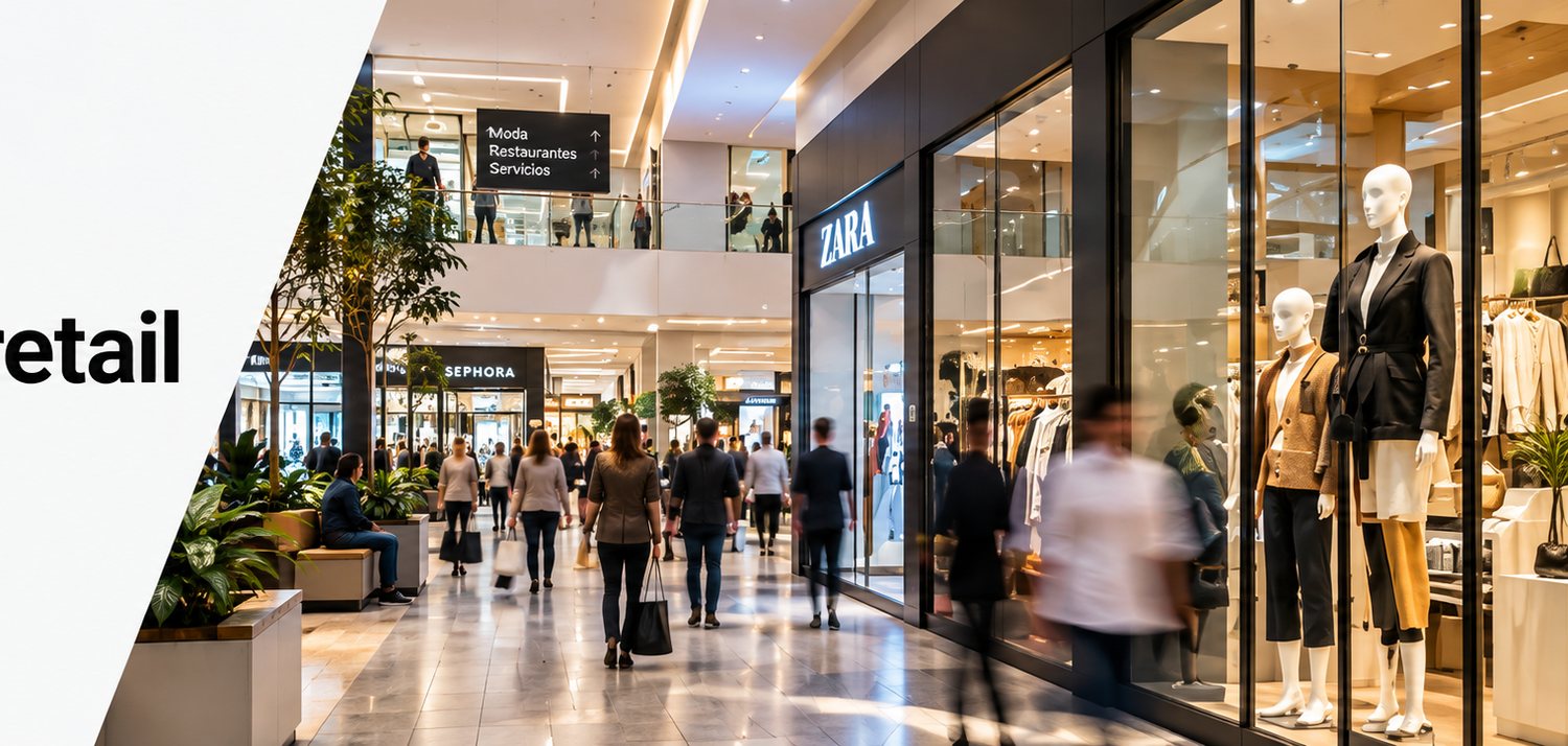 The concourse of a shopping centre with people walking between lit stores and window displays.
