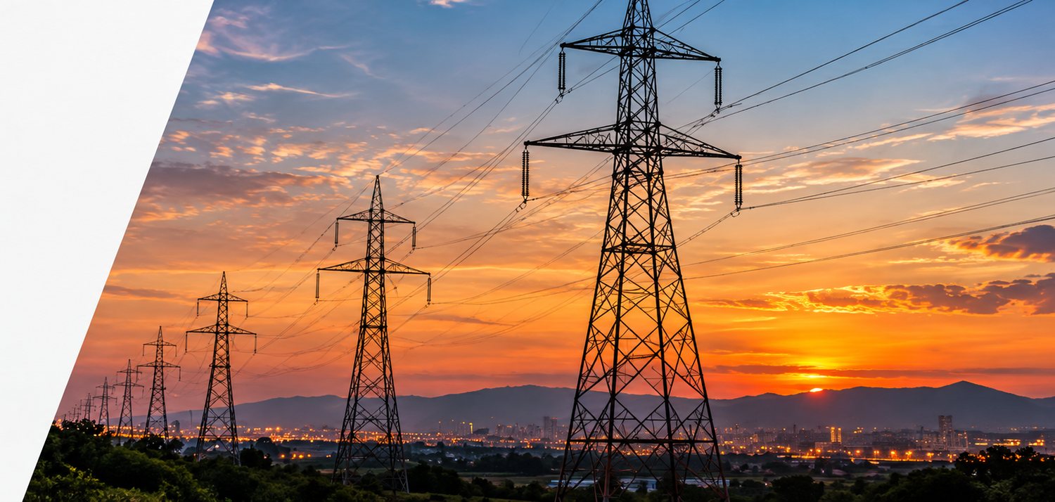 A line of high-voltage transmission towers on a hillside at sunset, with the lit city behind.