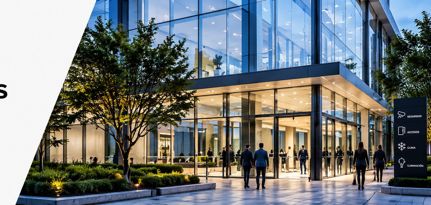 The entrance of a glass office building at dusk, with people coming through the turnstiles and a totem listing security, access, climate and lighting.