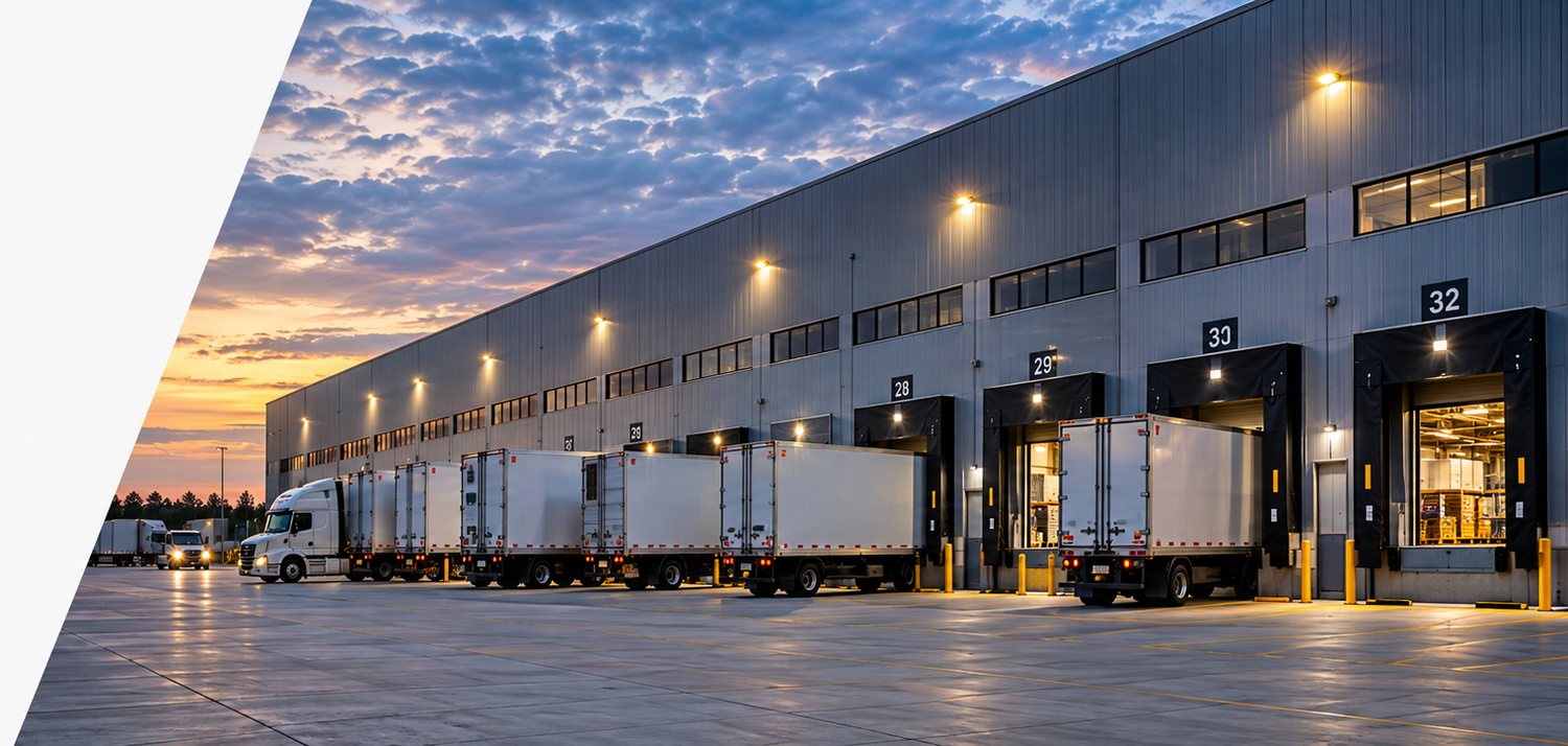 The numbered loading bays of a distribution centre at dawn, with trailers docked and a tractor unit manoeuvring.