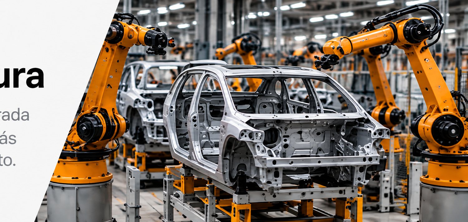 An automotive assembly line with orange robotic arms working on car bodies in a lit plant.