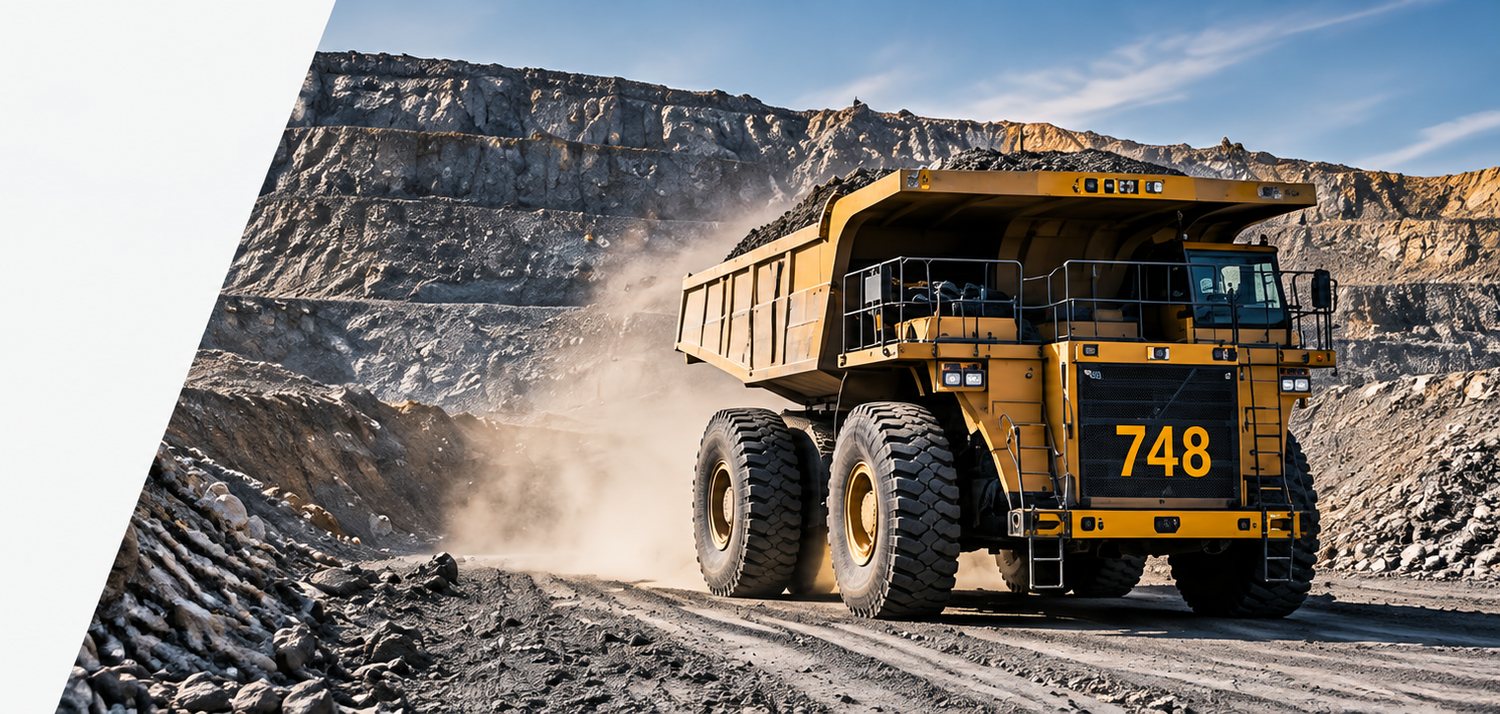 A loaded mining haul truck coming down the road of an open pit, with the mine benches behind.