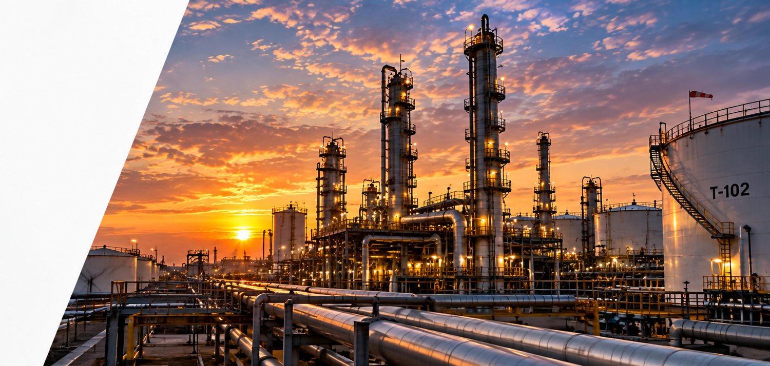 A refinery at sunset with its distillation towers lit, pipe runs in the foreground and storage tanks to the right.