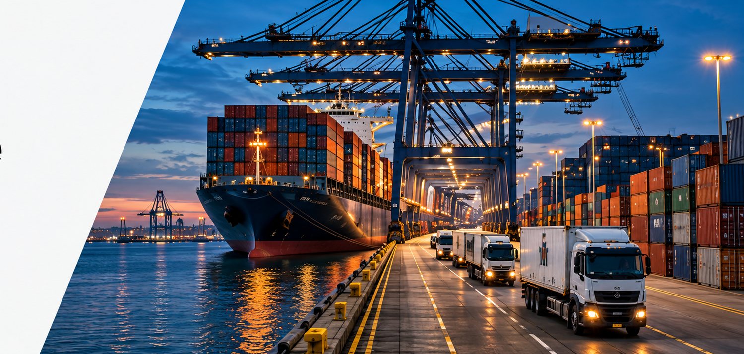 A container ship berthed under port cranes at dusk, with a line of trucks coming in along the roadway beside the container stacks.