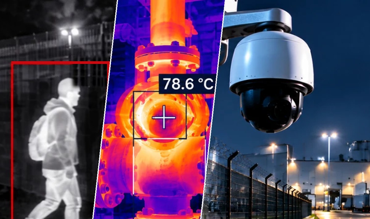 Three scenes from one system: a person walking at night, seen in thermal and framed by the detection box; a pipe flange in ironbow with a measurement point marked at 78.6 °C; and a PTZ dome on a post watching a road next to a concertina fence.