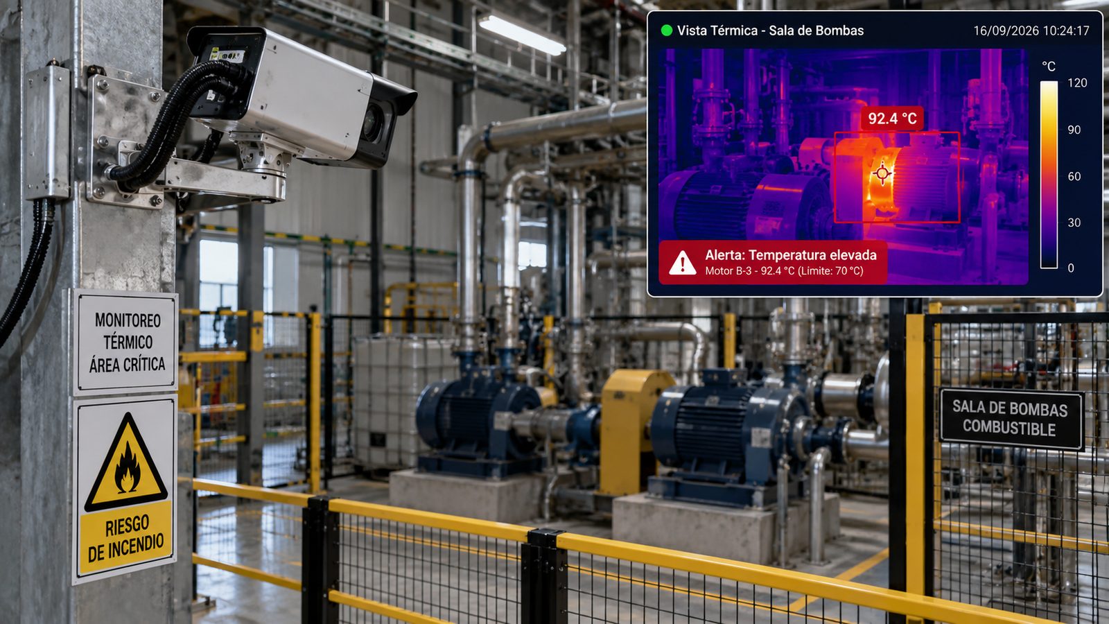 A fixed thermal camera on a post inside a fuel pump room, with fire-risk signage, and the thermal view marking a motor at 92.4 °C.