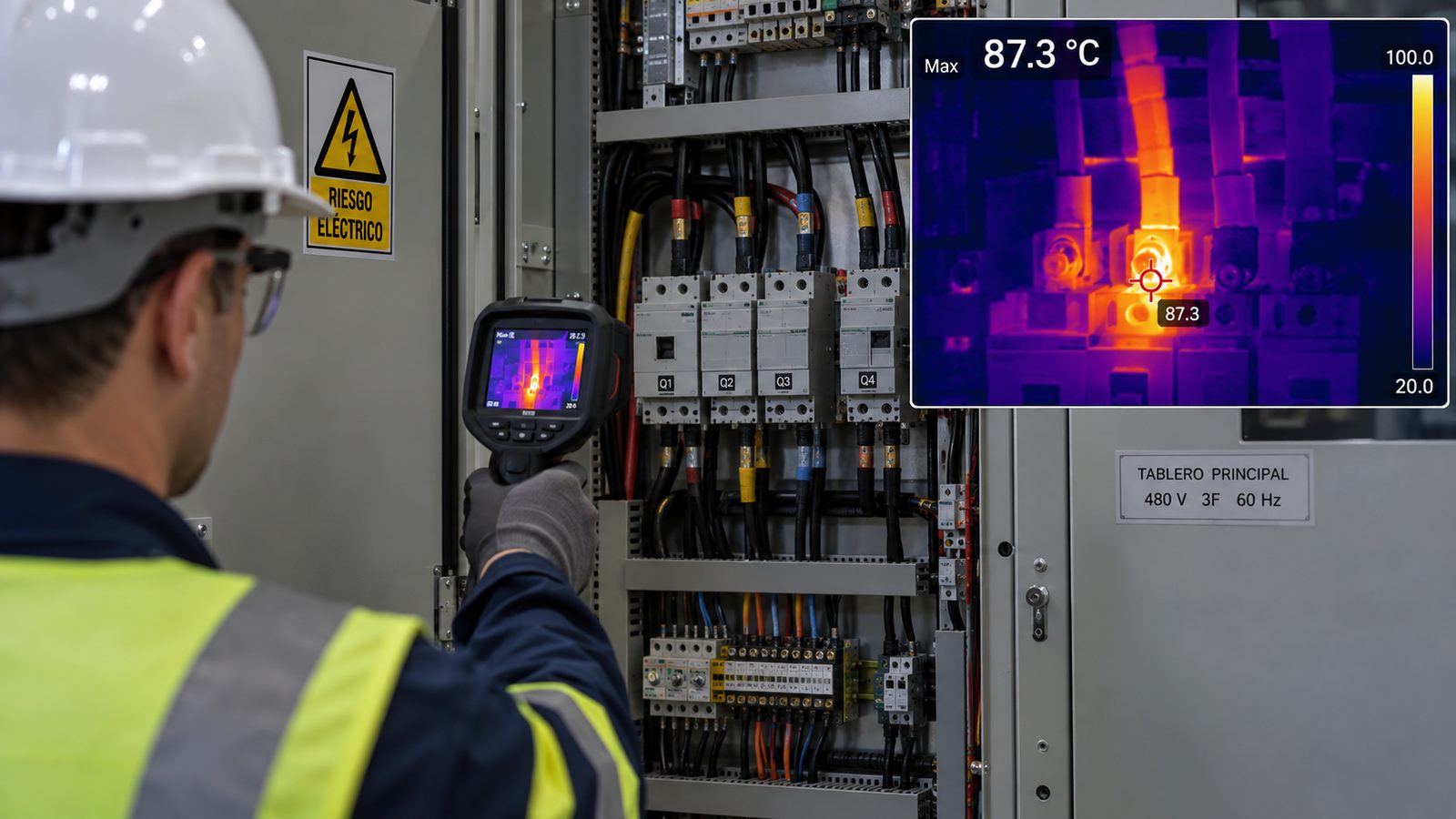 A technician in helmet and gloves points a handheld thermal camera into an open 480 V electrical panel with breakers labelled Q1 to Q4. Beside it, the thermal image of the same scene marks the hottest point at 87.3 °C on a 20-to-100-degree scale.